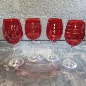 Mikasa Cheers Ruby Red Wine Glasses Set of 4 Etched Crystal Stemware 5072026